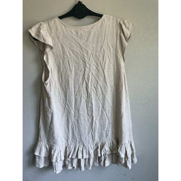 Entro Natural Woven Top Ruffle Flutter-Sleeve Large Oatmeal Linen Blend - Picture 2 of 5